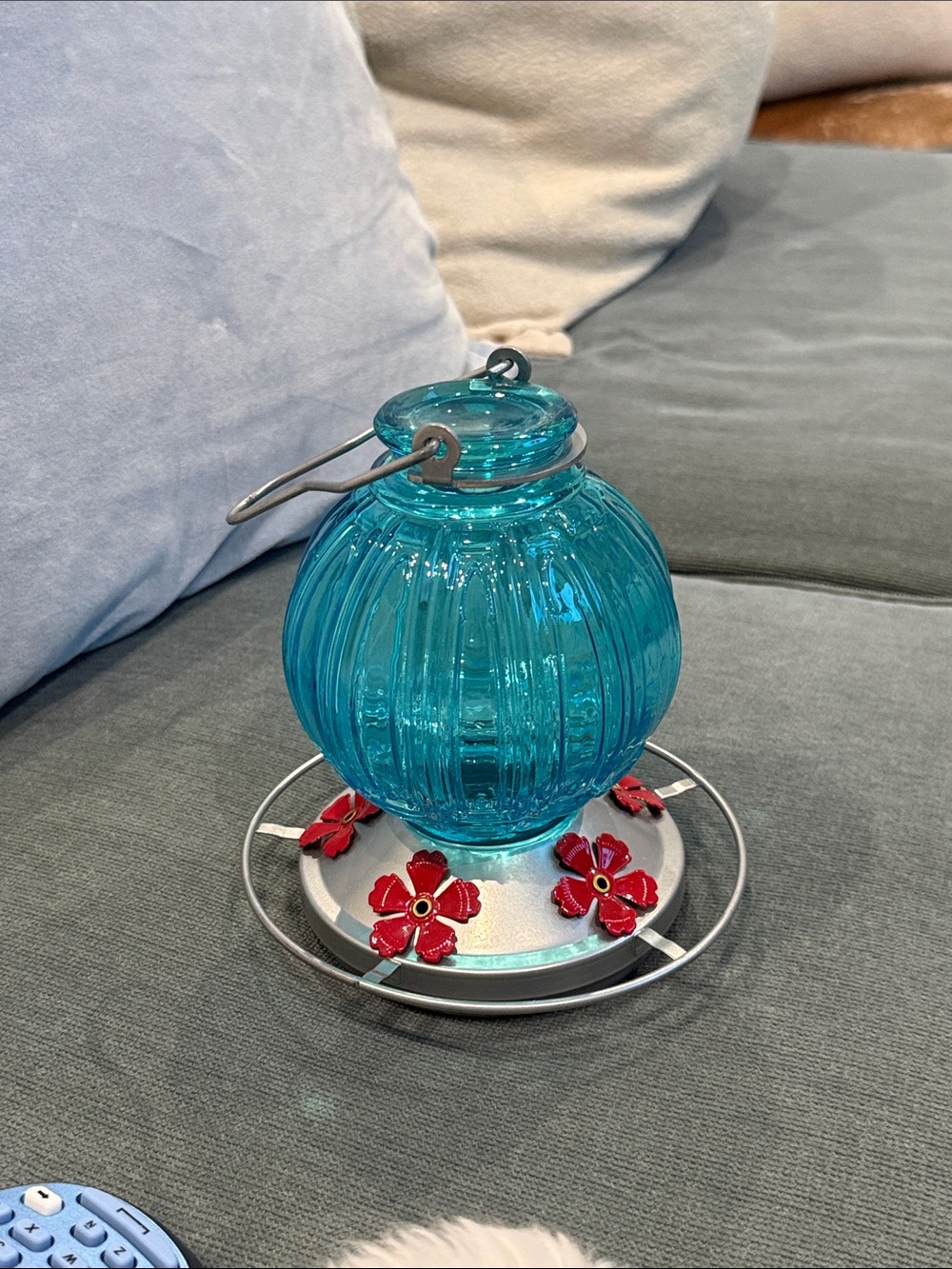 Teal Glass Hummingbird Feeder with Red Flower Ports / 26 oz